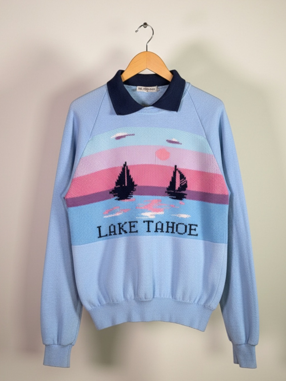 Unique 80s Vintage Lake Tahoe Pastel Collared Crew Neck Sweatshirt